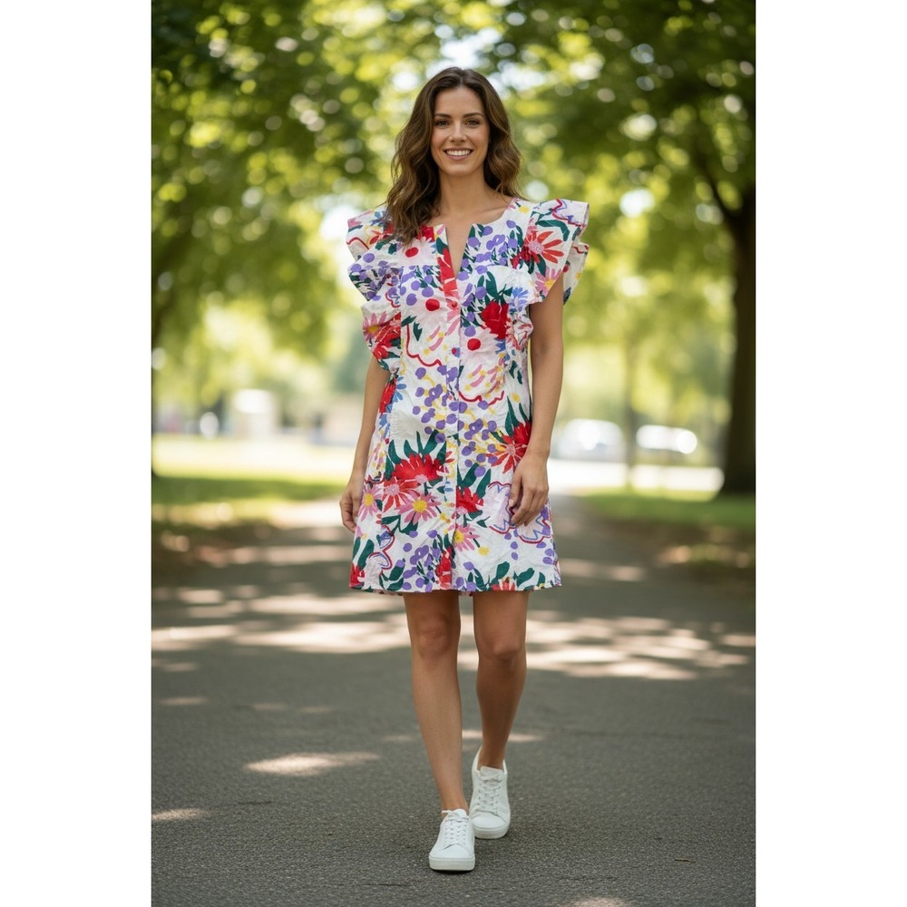 Entro Floral Ruffle Sleeve Mini Dress Womens White Multicolor Cotton Size M